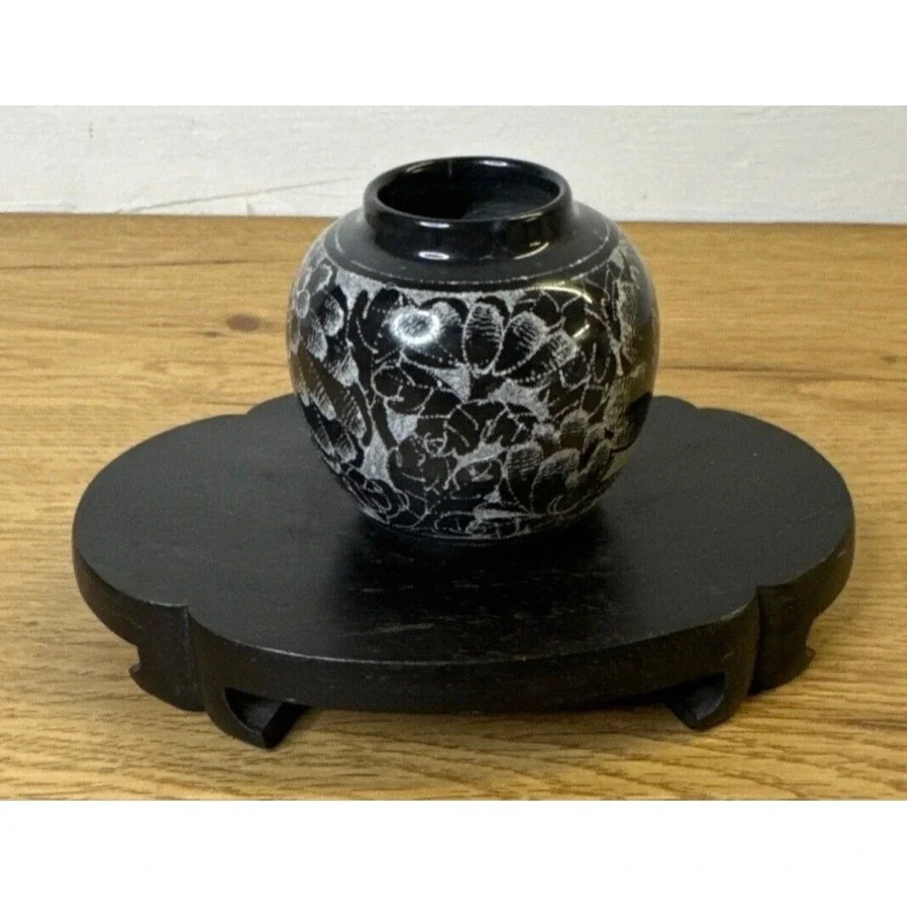 Vintage Hand Carved Black Stone Etched Floral Peony Bud Vase 2.5 Inch